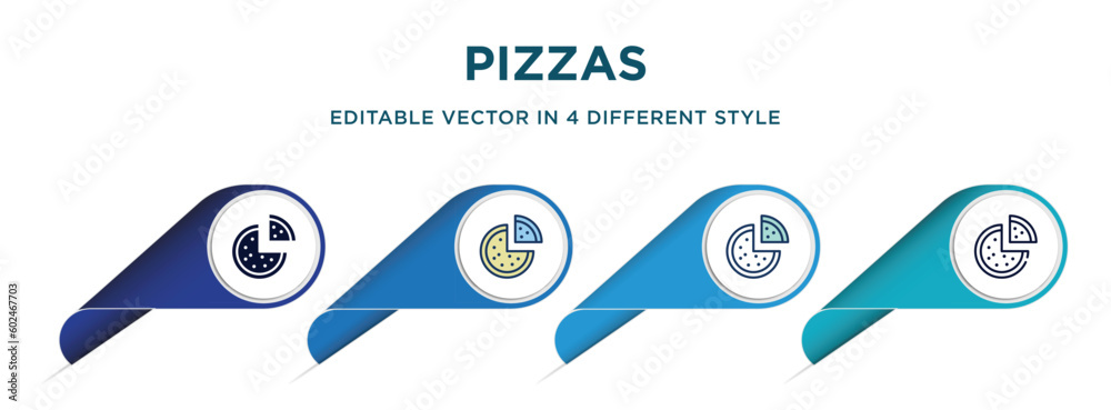 pizzas icon in 4 different styles such as filled, color, glyph, colorful, lineal color. set of vector for web, mobile, ui pizzas icon in 4 different styles such as filled, color, glyph, colorful, lineal color. set of vector for web, mobile, ui
