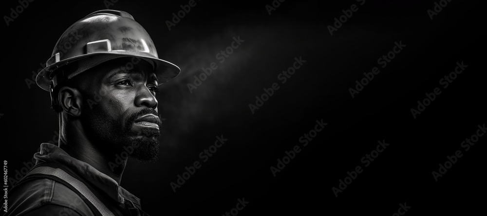 Black and white photorealistic studio portrait of a construction worker with hard hat on black background. Generative AI illustration Black and white photorealistic studio portrait of a construction worker with hard hat on black background. Generative AI illustration