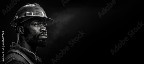 Black and white photorealistic studio portrait of a construction worker with hard hat on black background. Generative AI illustration © JoelMasson