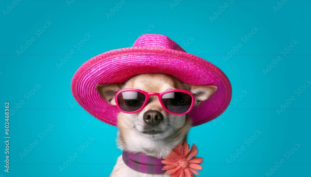 CHIHUAHUA DOG WITH A HAT AND SUNGLASSES, BLUE BACKGROUND. AI GENERATIVE.