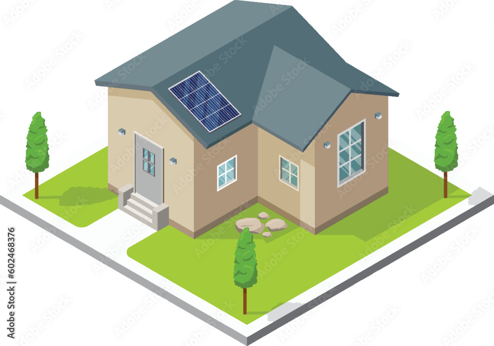 Isometric Modern House with Solar Panel. Green Eco House. Energy Effective House Isometric Modern House with Solar Panel. Green Eco House. Energy Effective House