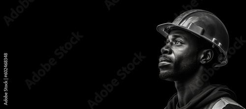 Black and white photorealistic studio portrait of a construction worker with hard hat on black background. Generative AI illustration © JoelMasson