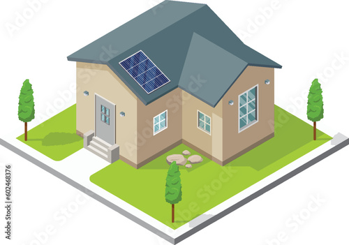Isometric Modern House with Solar Panel. Green Eco House. Energy Effective House