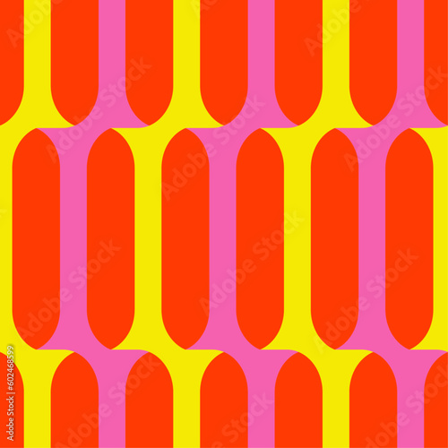 Vibrant retro geometric seamless vector pattern. Cool, bright, bold geo design in pink, yellow and orange colors. Repeat background graphic texture print.