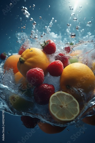 strawberry healthy fresh vitamin drop fruit food water background vegetable green. Generative AI.