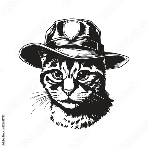 cat wearing scout hat  vintage logo line art concept black and white color  hand drawn illustration