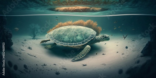 The Hawaiian Green Sea Turtle (Chelonia mydas) swims underwater with polluted water created with Generative AI