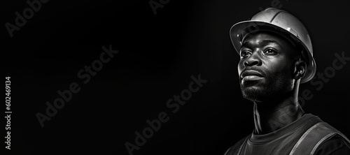 Black and white photorealistic studio portrait of a construction worker with hard hat on black background. Generative AI illustration