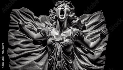 Sculpture of woman screaming white on dark background, expressing sorrow with her whole body, unable to bear her suffering Abstract, Elegant and Modern AI-generated illustration