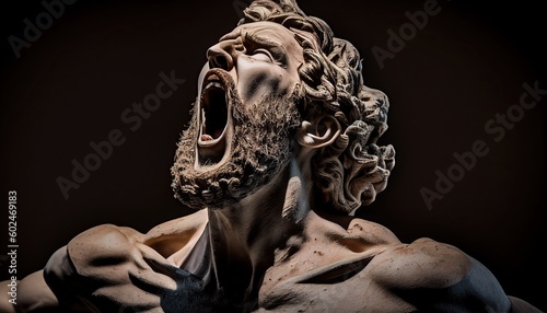Sculpture of a man screaming Warm light and dark background Motivated, hopeless and betrayed atmosphere Abstract, Elegant and Modern AI-generated illustration