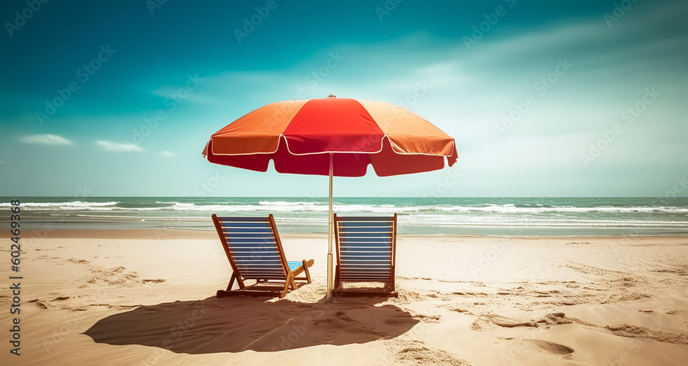 a red parasol and two sunbeds - obrazy, fototapety, plakaty 