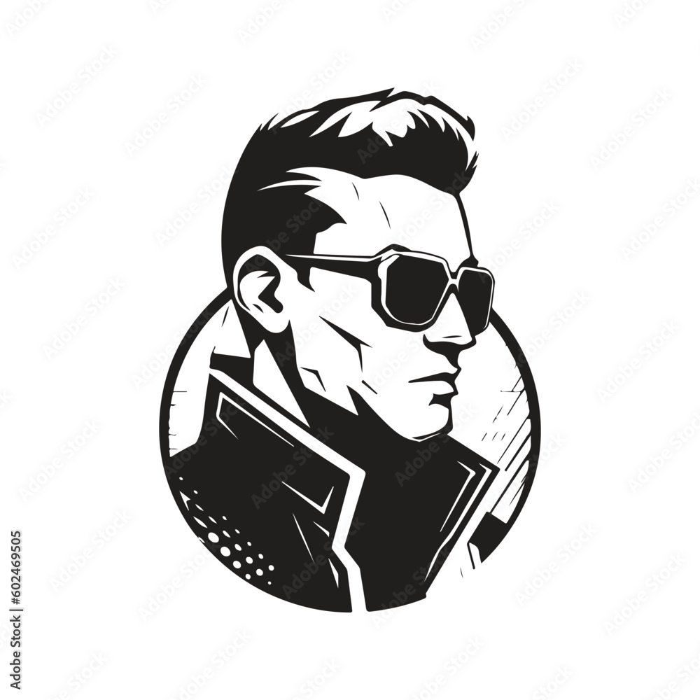 person wearing futuristic glasses, vintage logo line art concept black and white color, hand drawn illustration