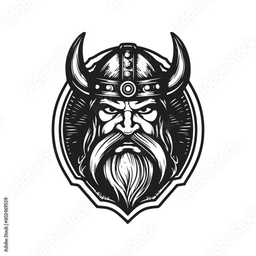 character viking, vintage logo line art concept black and white color, hand drawn illustration