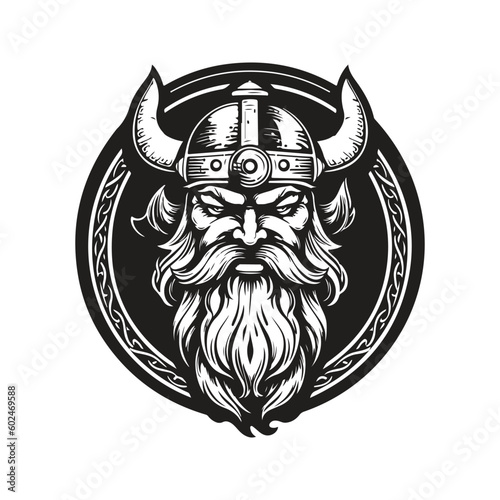 character viking, vintage logo line art concept black and white color, hand drawn illustration