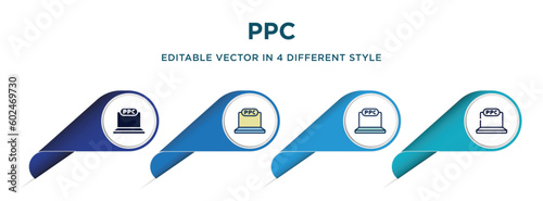 ppc icon in 4 different styles such as filled, color, glyph, colorful, lineal color. set of vector for web, mobile, ui
