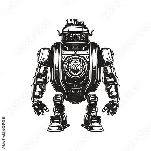 sci fi robot, vintage logo line art concept black and white color, hand drawn illustration