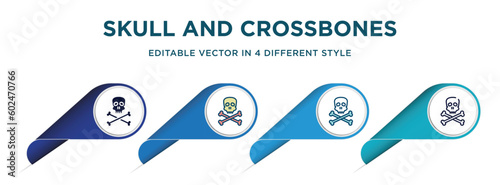 skull and crossbones icon in 4 different styles such as filled, color, glyph, colorful, lineal color. set of vector for web, mobile, ui