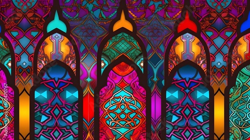 Wallpaper with intricate ornate geometric patterns inspired by Islamic art. Using bright and bold colors to make the design stand out. Generative AI.