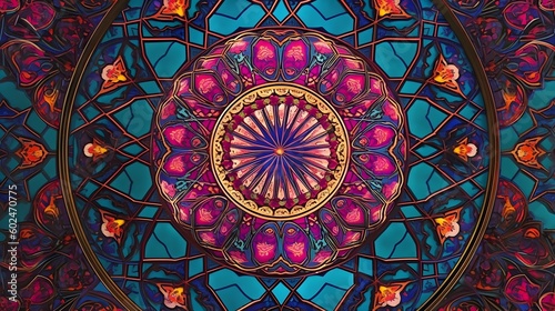 Wallpaper with intricate ornate geometric patterns inspired by Islamic art. Using bright and bold colors to make the design stand out. Generative AI.