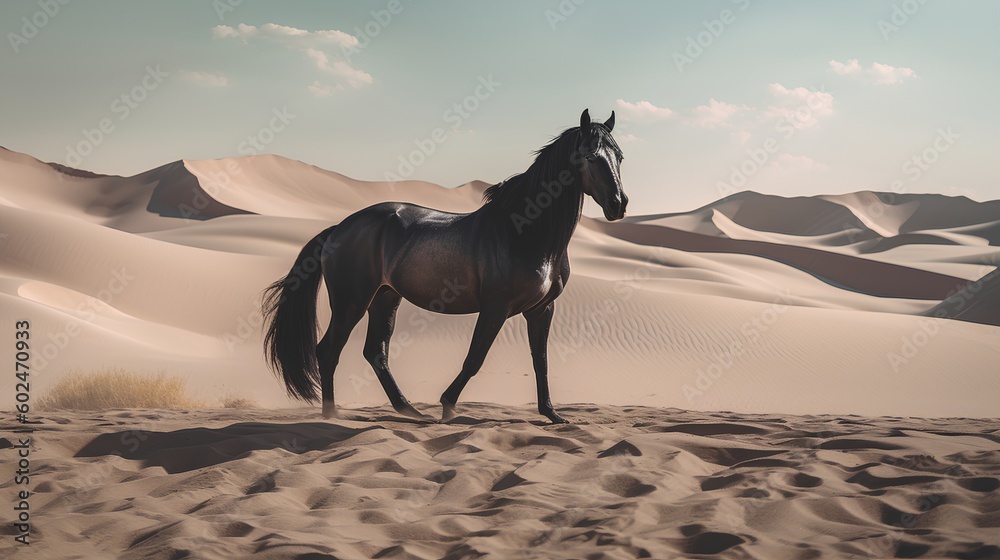 Arabian black strong horse in desert Arabian black strong horse in desert