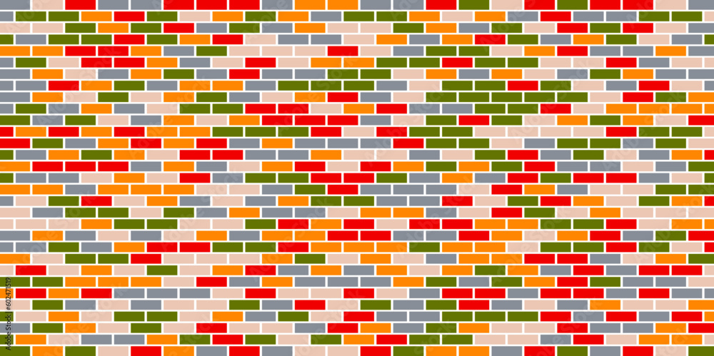 Rainbow colourful brick wall (background). Colorful grungy brick wall with colored bricks image. Vector art