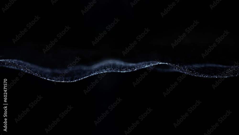 Abstract wave moving dots flow particles. Colorful waving particle technology background design. Dynamic particles sound wave flowing over dark.