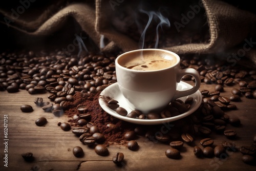 bean drink mug morning aroma cafe breakfast espresso brown cup. Generative AI.