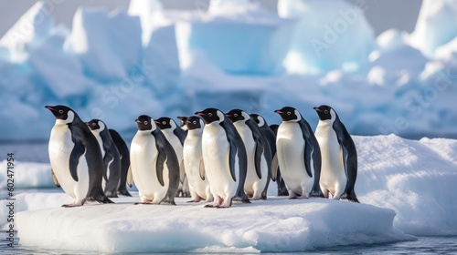 Group of penguins stood on snowy landscape of Antarctica. Generative AI.