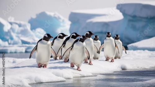 Group of penguins stood on snowy landscape of Antarctica. Generative AI.