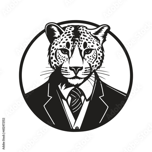 cheetah wearing suit, vintage logo line art concept black and white color, hand drawn illustration