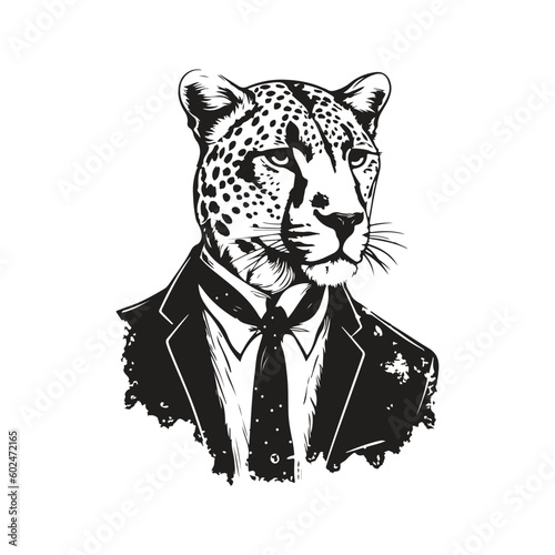 cheetah wearing suit, vintage logo line art concept black and white color, hand drawn illustration