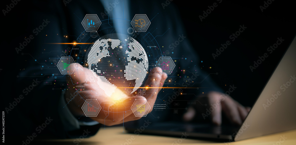 Fototapeta premium Global network connection on investor and customer with sale data exchange and development of business. Technology and digital marketing.