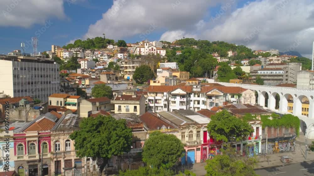 RIO DE JANEIRO, BRASIL - MAY, 2023: Aerial drone panorama view of famous landmark Arches of Lapa traditional place of many tourists. RIO DE JANEIRO, BRASIL - MAY, 2023: Aerial drone panorama view of famous landmark Arches of Lapa traditional place of many tourists.