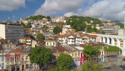 RIO DE JANEIRO, BRASIL - MAY, 2023: Aerial drone panorama view of famous landmark Arches of Lapa traditional place of many tourists. photo