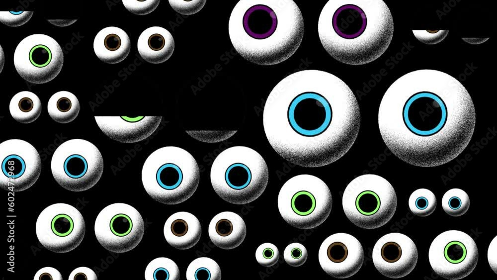 A motion graphic animation of a wall of eyes blinking at different