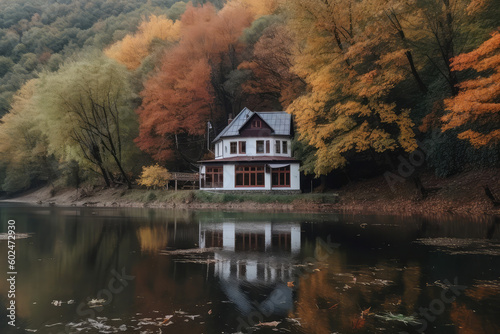 cozy house nestled by a peaceful river, generative AI