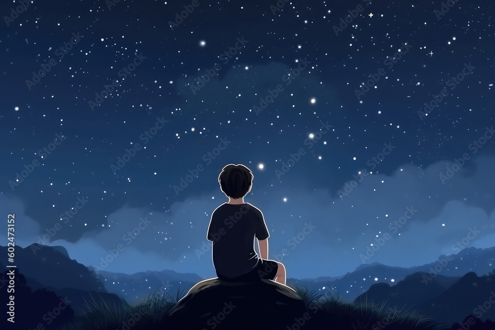 illustration of a boy looking at night starry sky with glitter glow galaxy flicker above, idea for prayer of hope, love, peace theme, generative AI