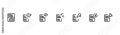 Library icon, Library shelf icon, vector set design with Editable Stroke. Line, Solid, Flat Line, thin style and Suitable for Web Page, Mobile App, UI, UX design.