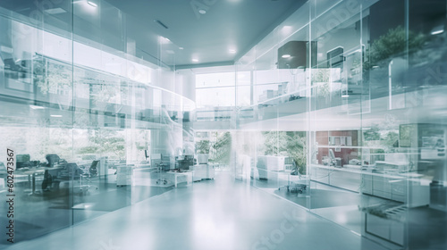 a modern office services with front desk behind glass walls, in the style of light teal and light gray, ethereal abstracts, layered translucency, light white and white