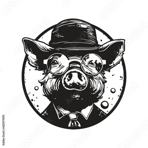 pig elementalist, vintage logo line art concept black and white color, hand drawn illustration photo