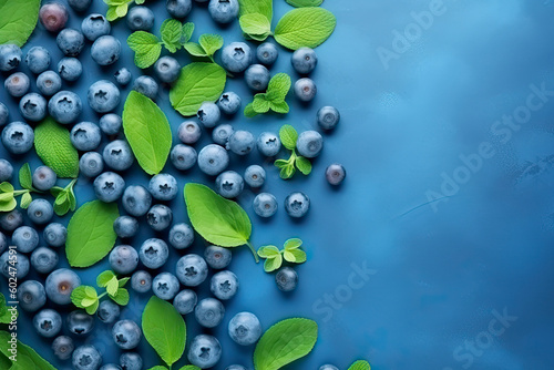 Fresh juicy blueberries with green leaves on blue background. blueberry background