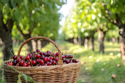 Basket with new harvest of big dark ripe sweet cherries on cherry trees plantation in Betuwe photo