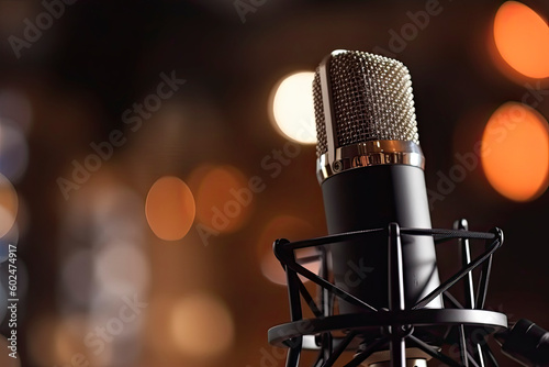 Close-up of an old studio microphone with lots of bokeh