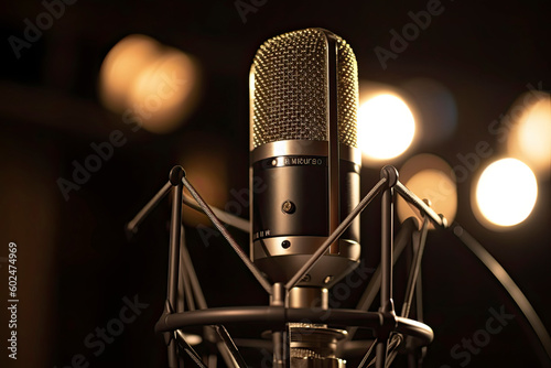 Close-up of an old studio microphone with lots of bokeh