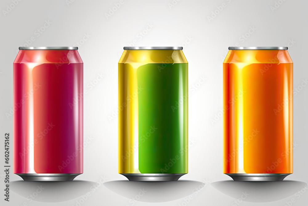 Fototapeta premium Color tin drink cans. Realistic metal isolated beverage containers. Aluminum jars with sparkling water