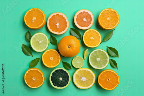Composition with slices of citrus on color background
