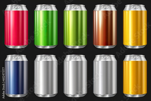 Color tin drink cans. Realistic metal isolated beverage containers. Aluminum jars with sparkling water