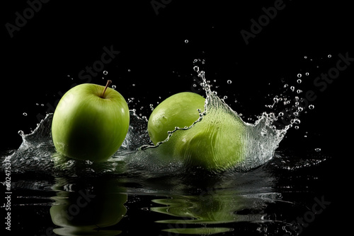 fresh green apples falling into water with splash on a dark background