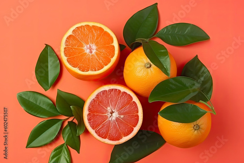 Fresh ripe mandarins  grapefruit and oranges with green leaves on orange background