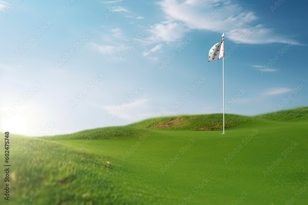 Golf ball and a flag on green hill Golf ball and a flag on green hill